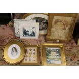 A COLLECTION OF GILT FRAMED PICTURES AND PRINTS ETC TO INCLUDE AN OIL ON BOARD STILL LIFE OF