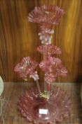 A CRANBERRY GLASS STYLE EPERGNE - ONE TRUMPET DAMAGED