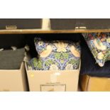 THREE BOXES OF ASSORTED TEXTILES COMPRISING CUSHIONS ETC AND A THROW
