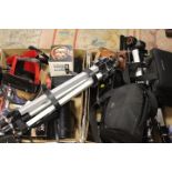 TWO TRAYS OF PHOTOGRAPHIC EQUIPMENT TO INCLUDE NIKON CAMERA ZOOM SLIDE DUPLICATOR TRIPOD STANDS