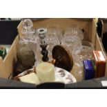 A TRAY OF CERAMICS AND GLASS TO INCLUDE A SET OF SIX TUDOR CRYSTAL BRANDY GLASSES , BUST OF