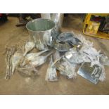 A SELECTION OF SMALL INCINERATOR BINS, ASH SHUTTERS, AND GALVANISED FIRE SHOVELS ETC
