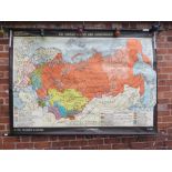 A LARGE ROLLABLE WALL MAP BY VELHAGEN & KLASING 1961 SHOWING THE SOVIET UNION AT THE TIME - 193 X