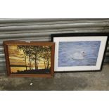 A FRAMED OIL ON BOARD OF TREES BY THE WATER AT SUNSET SIGNED LOWER RIGHT S.POPE TOGETHER WITH A