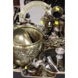 A TRAY OF ASSORTED BRASS AND METALWARE TO INCLUDE A STICK TELEPHONE, PORTHOLE MIRROR ETC