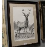 A WOOD FRAMED AND GLAZED SIGNED LIMITED EDITION PRINT OF A STAG BY BRIAN MOORE ENTITLED 'DOMAIN'