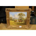 A GILT FRAMED AND GLAZED OIL ON CANVAS OF THREE HORSES GRAZING SIGNED LOWER RIGHT S WINGHAM