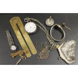 A TRAY OF ASSORTED COLLECTABLES TO INCLUDE A HALLMARKED SILVER POCKET WATCH, ALBERT CHAIN, METAL