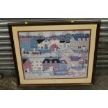 A LARGE FRAMED AND GLAZED SANDI WICKERSHAM RESNICK PRINT OF AMERICAN TOWN CHESTERVILLE - WITH NON