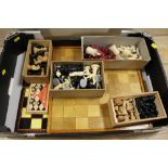 A BOX OF VINTAGE CHESS PIECES, BOARDS ETC