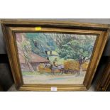 A NAIVE GILT FRAMED OIL ON CANVAS OF A MAN WITH A HORSE PREPARING TO THATCH A ROOF