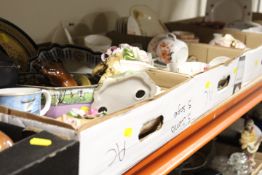 FIVE TRAYS OF ASSORTED CERAMICS ETC., TO INCLUDE ANIMAL FIGURES, TEAWARE ETC