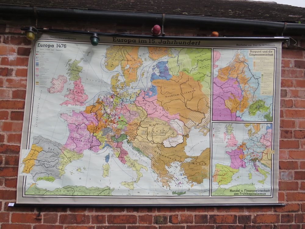 A LARGE ROLLABLE WALL MAP BY GEORGE WESTERMANN SHOWING EUROPE IN THE TIME OF THE 15TH CENTURY -