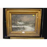 A GILT FRAMED AND GLAZED OIL PAINTING OF A WINTER COTTAGE SCENE SIGNED LOWER LEFT AND DATED 1896