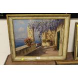 A FRAMED OIL ON BOARD OF A BALCONY IN CAPRI LOOKING TOWARDS NAPOLI AND MOUNT VESUVIUS SIGNED LOWER
