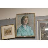 A GILT FRAMED PORTRAIT OF A LADY IN A GREEN JACKET SIGNED LOWER LEFT KATHLEEN TOWNSEND 1971