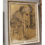 A FRAMED AND GLAZED PENCIL SKETCH ENTITLED ' DOUGLAS BY THE STOVE' ST IVES SOCIETY OF ARTISTS