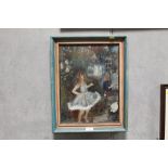 A FRAMED OIL ON BOARD ENTITLED VERSO 'PRINCESS SILVER DANCING AT THE SNOWMAN'S PARTY' DEC 98 WITH