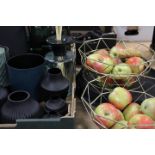 A TRAY OF VASES ETC TOGETHER WITH TWO FRUIT BOWLS CONTAINING PLASTIC FRUIT.