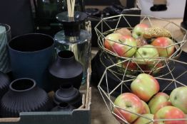A TRAY OF VASES ETC TOGETHER WITH TWO FRUIT BOWLS CONTAINING PLASTIC FRUIT.