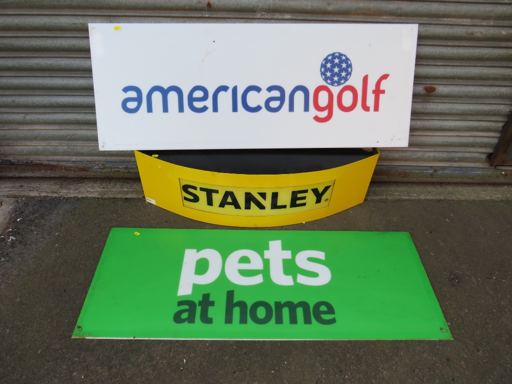 THREE ADVERTISING SIGNS TO INCLUDE STANLEY TOOLS, AMERICAN GOLF ETC