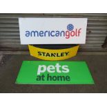 THREE ADVERTISING SIGNS TO INCLUDE STANLEY TOOLS, AMERICAN GOLF ETC