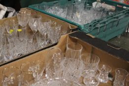 THREE TRAYS OF ASSORTED CRYSTAL AND CUT GLASS TO INCLUDE AN ETCHED ROYAL BRIELEY CRYSTAL BOWL .