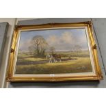 A GILT FRAMED AND GLAZED OIL ON CANVAS OF A FARMER PLOUGHING A FIELD WITH TWO SHIRE HORSES SIGNED