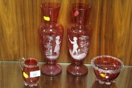 A SELECTION OF CRANBERRY GLASS TO INCLUDE A PAIR OF MARY GREGORY STYLE VASES