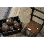 A SELECTION OF WOODEN BOWLS TOGETHER WITH A SMALL WOODEN STOOL.