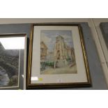 A FRAMED AND GLAZED WATERCOLOUR OF NUNS ON THE STEPS OUTSIDE A TOWN CHURCH - FOXED
