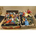TWO TRAYS OF ASSORTED VINTAGE TOYS TO INCLUDE DIECAST / DINKY CARS, ACTION MAN ETC