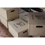 A SELECTION OF NEW LIDDED WOODEN STORAGE BOXES WITH PEGASUS LOGO. ( 7 )