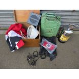 A BOX OF COLLECTABLES TO INCLUDE MILITARIA ETC, PLUS A JERRY CAN AND VINTAGE FIRE EXTINGUISHER