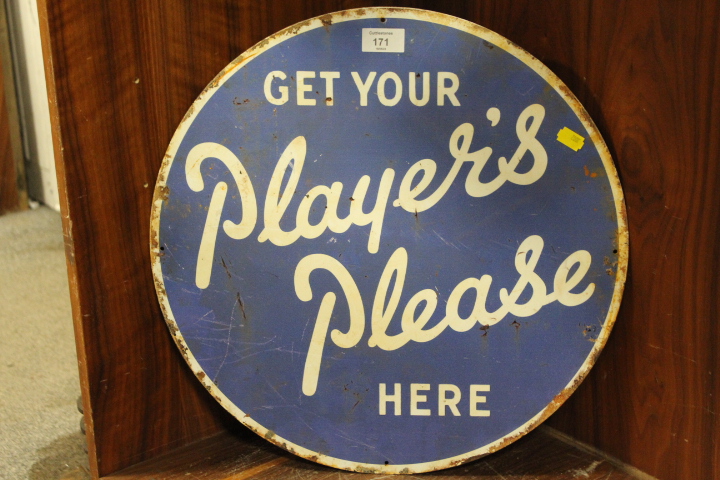 A CIRCULAR ENAMEL 'GET YOUR PLAYERS HERE PLEASE' ADVERTISING SIGN