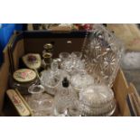 A TRAY OF ASSORTED DRESSING TABLE ITEMS TO INCLUDE PETIT POINT DRESSING TABLE SET INCLUDING TRAY AND