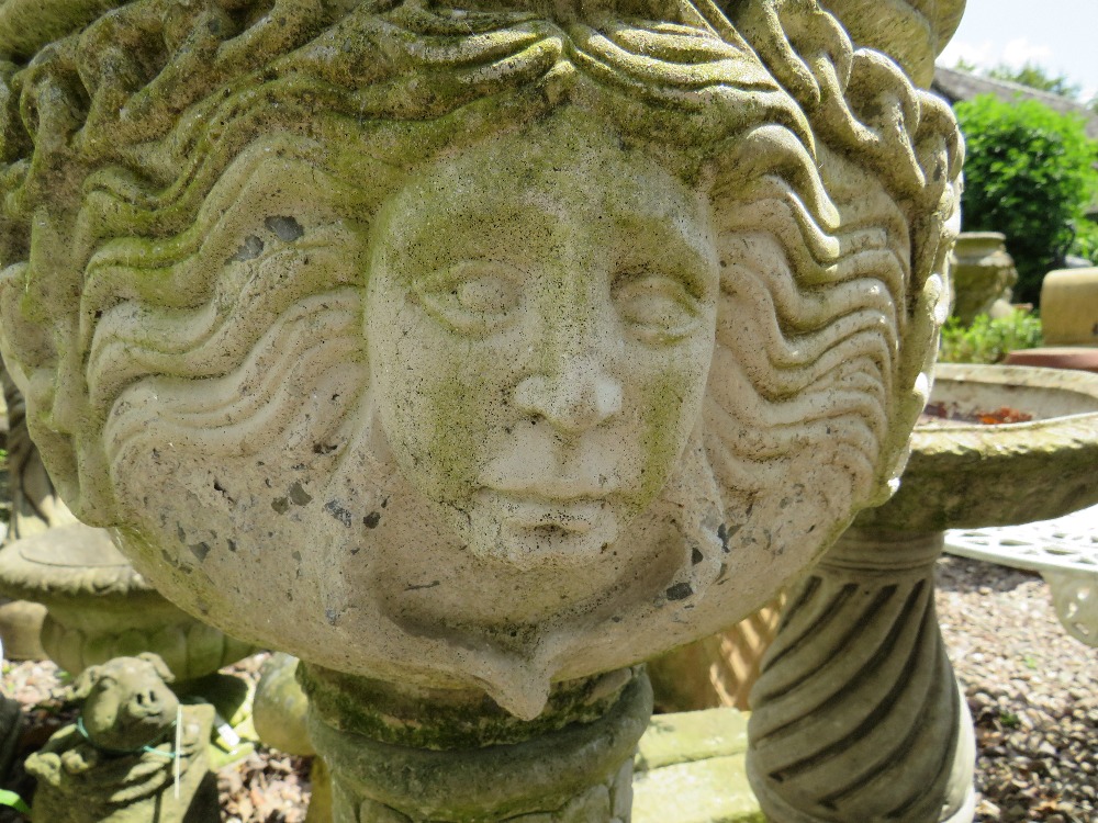 A PAIR OF STONE MASK HEAD URNS ON STANDS, H 78 cm (2) - Image 3 of 3