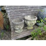 TWO SMALL STONE GARDEN URNS