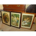 A VICTORIAN MAPLE FRAMED PRINT DEPICTING TWO CHILDREN WITH DOG, 71 x 44.5 cm, TOGETHER WITH TWO