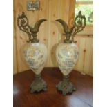 A PAIR OF VICTORIAN PAINTED EWERS, H 48 cm (PAIR)