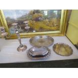 A COLLECTION OF SILVER PLATE TO INCLUDE CANDELABRA, WAITER, ENTREE DISH AND GALLERY TRAY (4)