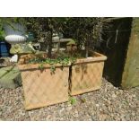 A PAIR OF TERRACOTTA SQUARE LATTICE PLANTERS WITH CONIFERS (2)