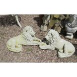 A PAIR OF RE-CONSTITUTED GARDEN LIONS, L 64 cm (2)