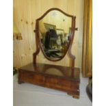 A 19TH CENTURY MAHOGANY SHIELD SHAPED DRESSING MIRROR, WITH TWO SMALL FREE DRAWERS, H 56 cm, W 45.