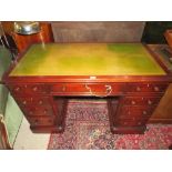 A VICTORIAN MAHOGANY LEATHER TOPPED TWIN PEDESTAL DESK WITH AN ARRANGEMENT OF NINE DRAWERS, H 78 cm,