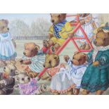 DOREEN EDMUND - A CONTEMPORARY OIL ON CANVAS DEPICTING TEDDY BEARS AT PLAY, 29 X 39 cm