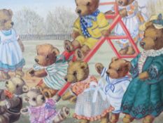 DOREEN EDMUND - A CONTEMPORARY OIL ON CANVAS DEPICTING TEDDY BEARS AT PLAY, 29 X 39 cm