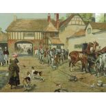 A FRAMED AND GLAZED VICTORIAN COLOURED PRINT 'INN YARD - 100 YEARS AGO', 48 x 75 cm