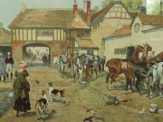 A FRAMED AND GLAZED VICTORIAN COLOURED PRINT 'INN YARD - 100 YEARS AGO', 48 x 75 cm