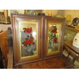 A PAIR OF EARLY 20TH CENTURY OAK FRAMED GYPSY MIRRORS, EACH WITH PAINTED AND ETCHED FLORAL DETAIL,